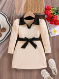 Girls Contrast Lapel Long Sleeve Casual Dress With Belt, Spring & Fall Vacation Party Casual A-line Dresses, Gift