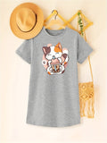 Kitten Print Girls Short Sleeve T-Shirt Dress - Soft, Breathable, Comfy, Slight Stretch Polyester Fabric - Cute, Stylish, Perfect for Spring/Summer, Gift Idea for Little Girls