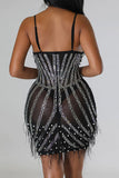 namcoverse Rhinestone & Beaded Decor Hot Tassel Trim See-Through Mini Dress