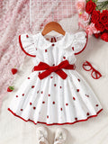 Adorable Girls Strawberry Pattern Sleeveless Doll Collar Ruffle Hem Dress with Belt - Casual Summer Outfit for Machine Washable Woven Fabric - Easy Care and Regular Fit