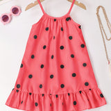 Girls Whimsical Polka Dot Dress - Delicate Spaghetti Strap, Sleeveless, Flirty Ruffle Hem, Halter Neckline - Perfect for Party Occasions, Ideal for Beach and Summer Fun