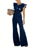 Women's Casual Flare Jeans Jumpsuit With Ruffle Sleeves, Full-Length Plain Backless Denim Overalls Dungarees