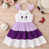 Adorable Cartoon Kitty Girls Summer Dress - Cute Ruffles, Contrast Stitching & Easy-Care Knit Fabric