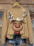 100% Polyester Plus Size Long Sleeve Pullover Crew Neck Sweatshirt with Reindeer Print, Slight Stretch, Oversized 3D Printed Christmas Sportswear Top for Fall/Winter - Women's