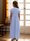 Girls Striped Maxi Dress - Short Sleeve, Loose & Comfortable - Versatile Casual Style for Everyday Wear