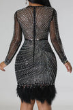 namcoverse Rhinestone Pretty See-Through Feather Hem Mini Dress