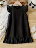 Girls' Summer Elegance: Flutter Sleeve Solid Color Dress - Ruffle Hem, Perfect for Holiday & Party Celebrations