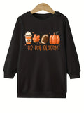 TIS THE SEASON Print Pumpkin Graphic Crew Neck Dress Girls Comfy Dresses For Autumn