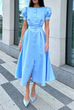 namcoverse Solid Color Puff Sleeve Girly A-Line Midi Dress