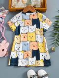 Adorable Cartoon Cat Sleeveless Tunic Dress for Girls - Soft Polyester Knit Fabric, Geometric Pattern, Regular Fit, Slight Stretch, Perfect for Summer Holidays