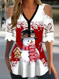 Snowman V Neck T-Shirt - Casual, Cold Shoulder, Short Sleeve, Spring & Summer Essential, Women's Clothing for Relaxed Fit, Fun Print Design