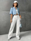 Women's Plain Cropped Drop Shoulder Denim Shirt, Elegant Style With Chest Pocket, Casual Chic Summer Wear