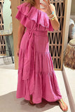 namcoverse Solid Color Feminine Lace-Up Tiered Ruffle Maxi Dress