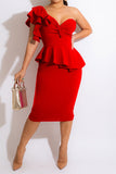 namcoverse Solid Color One Shoulder Tiered Ruffle Striking Twisted Peplum Midi Dress