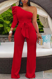 namcoverse Solid Color One Shoulder Elegant Jumpsuit Wih Belt