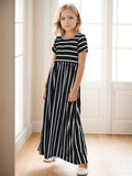 Girls Striped Maxi Dress - Short Sleeve, Loose & Comfortable - Versatile Casual Style for Everyday Wear