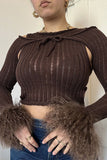 namcoverse Feather Trim Modern Cold Shoulder Lace-Up Sweater