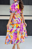 namcoverse Abstract Print Colorful Belted Tiered Ruffle Midi Dress