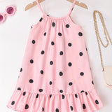 Girls Whimsical Polka Dot Dress - Delicate Spaghetti Strap, Sleeveless, Flirty Ruffle Hem, Halter Neckline - Perfect for Party Occasions, Ideal for Beach and Summer Fun