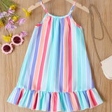 Vibrant Girls Rainbow Striped Sleeveless Ruffle Hem Halter Short Dress - Perfect Party Beach Wear for Summer - Fun, Flirty, and Feminine Design