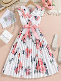 Chic Summer Floral Fit & Flare Girls' Dress with Belt – Easy-Care Polyester, Perfect for Playdates & Outings