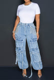 namcoverse Washed Rhinestone Tassel Trim Cool Multi Pocket Jeans