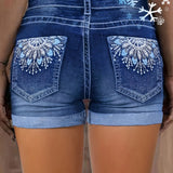 Women's High Waist Stretchy Denim Shorts, Blue Slim Fit with Rolled Cuff and Embroidery, Summer Vintage Style Jean Shorts