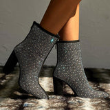 namcoverse Rhinestone Glittery Pointed Toe Block Boots