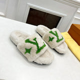 Wool integrated women slippers with soft plush open toe fur slippers fuzzy and fluffy home shoes indoor outdoor slippers