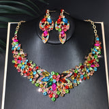 Retro Colorful Flower Crystal Chunky Necklace & Earrings Bridal Set Accessories Wedding Party Jewelry Set