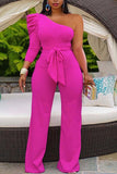 namcoverse Solid Color One Shoulder Elegant Jumpsuit Wih Belt