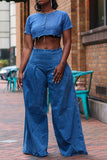 namcoverse Solid Color Denim Casual Wide Leg Pant Suit