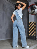 Women's Fashion Denim Overalls With Heart & Argyle Pattern, Comfortable Preppy Style, Versatile Washed Jean Jumpsuit With Pockets for autumn