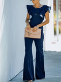 Women's Casual Flare Jeans Jumpsuit With Ruffle Sleeves, Full-Length Plain Backless Denim Overalls Dungarees