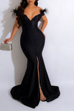 namcoverse Solid Color Feather Trim Festive High Split Maxi Dress