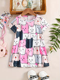 Adorable Cartoon Cat Sleeveless Tunic Dress for Girls - Soft Polyester Knit Fabric, Geometric Pattern, Regular Fit, Slight Stretch, Perfect for Summer Holidays