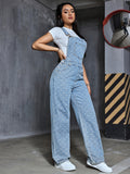 Women's Fashion Denim Overalls With Heart & Argyle Pattern, Comfortable Preppy Style, Versatile Washed Jean Jumpsuit With Pockets for autumn