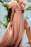 namcoverse Solid Color Mesh Tiered Sleeve Feminine High Split Maxi Dress