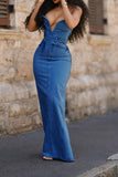 namcoverse Blue Cool High Split Bandeau Denim Maxi Dress