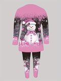 Two-Piece Snowman Print Casual Outfit - Women's Pantsuits with Crew Neck Long Sleeve T-shirt & Skinny Leggings - Comfortable Winter Clothing for Ladies