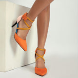 Women's Colorblock Stiletto Heels, Elegant Point Toe Dress Pumps, Women's Fashion Buckle Strap Heels for Koningsdag/King's Day