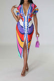 namcoverse Tribal Print Feminine Draped High Split Midi Dress