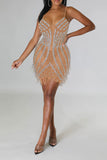 namcoverse Rhinestone & Beaded Decor Hot Tassel Trim See-Through Mini Dress