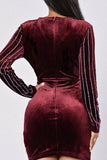 namcoverse Velvet Striped Rhinestone Stylish Bodycon Mini Dress