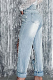 namcoverse Ripped Cool Rhinestone Chain Decor Jeans