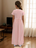 Girls Striped Maxi Dress - Short Sleeve, Loose & Comfortable - Versatile Casual Style for Everyday Wear