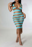 namcoverse Wavy Lines Crochet Cutout Stunning Tassel Midi Dress Beachwear