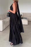 namcoverse Solid Color Elegant Halter Collar Pleated Maxi Dress