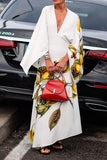namcoverse Lemon Print Plunging Unique Cape Sleeve Midi Dress