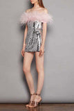 namcoverse Feather Trim Off Shoulder Pretty Sequined Mini Dress